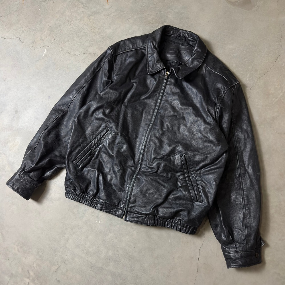 Vintage Trader Bay Leather Bomber Jacket Mens Large Black 90s Streetwear Grunge